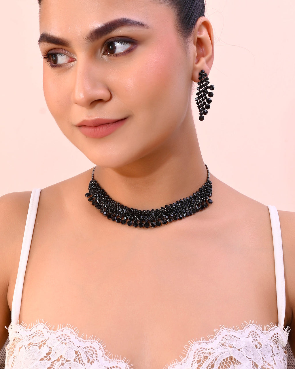 VOJ Black American Diamond Chokar Jewellery Set With Earrings