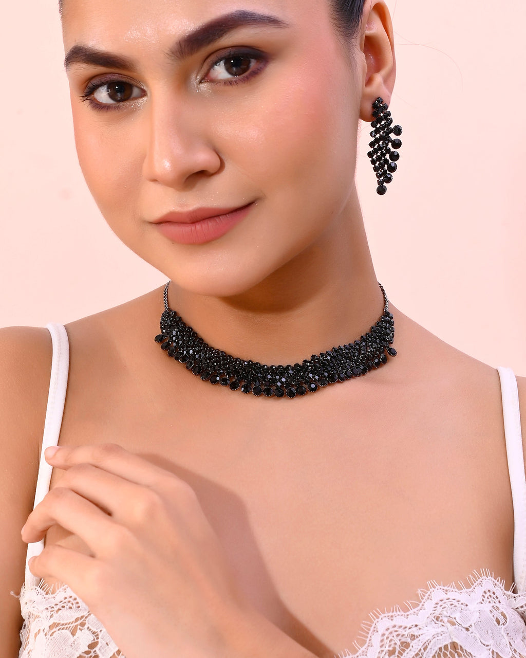 VOJ Black American Diamond Chokar Jewellery Set With Earrings