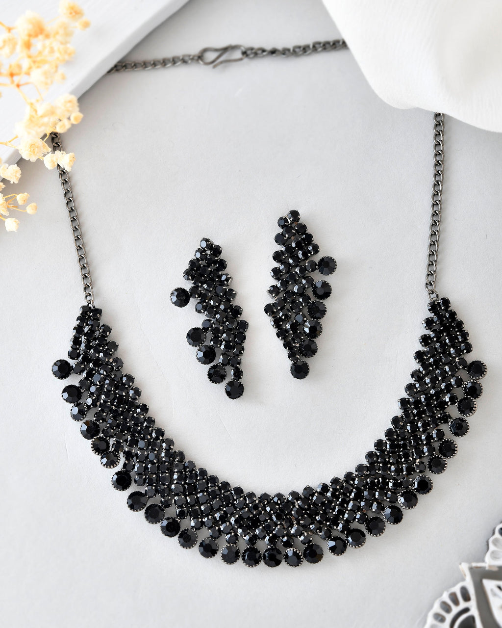 VOJ Black American Diamond Chokar Jewellery Set With Earrings