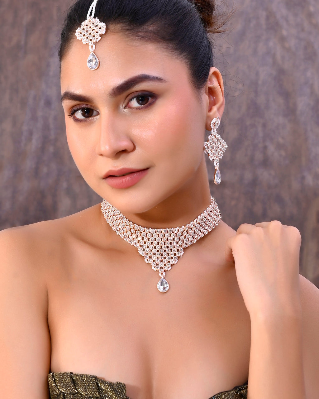 VOJ Silver Plated Party Wear AD Choker Necklace Jewellery Set