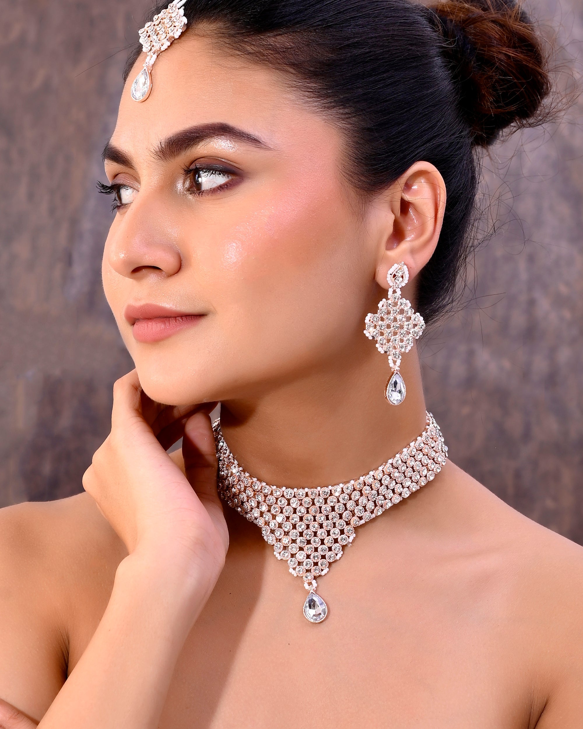 VOJ Silver Plated Party Wear AD Choker Necklace Jewellery Set