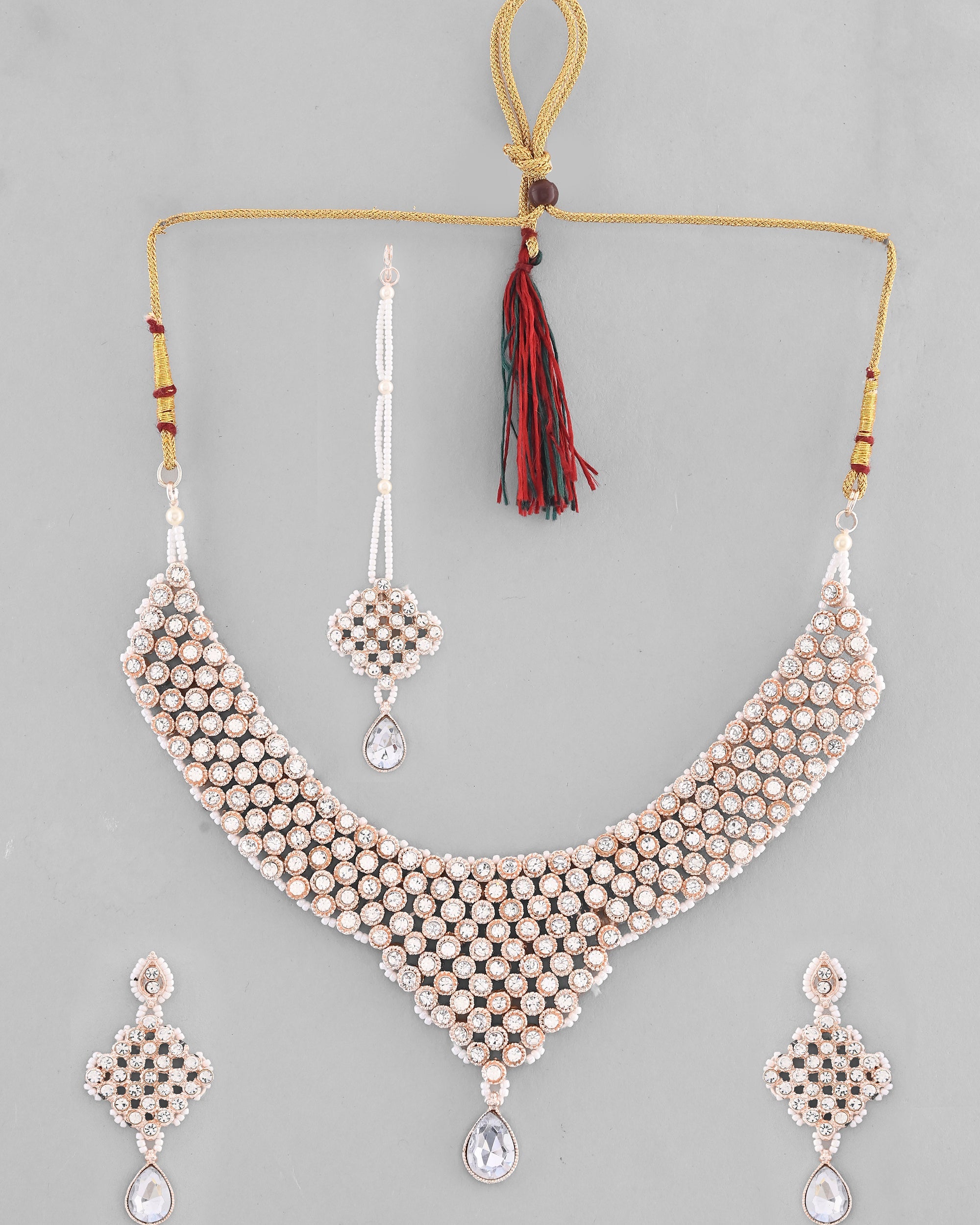 VOJ Silver Plated Party Wear AD Choker Necklace Jewellery Set