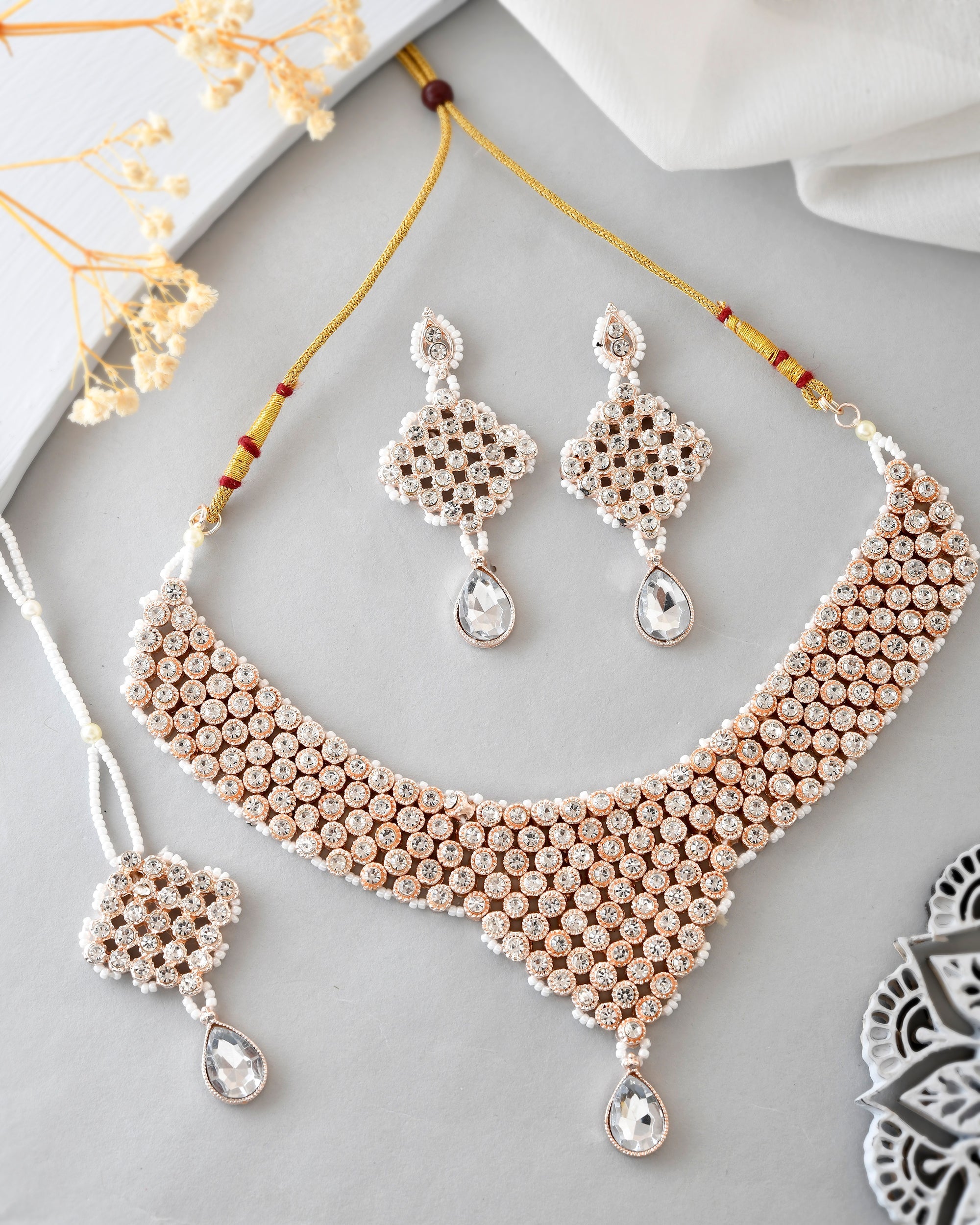 VOJ Silver Plated Party Wear AD Choker Necklace Jewellery Set