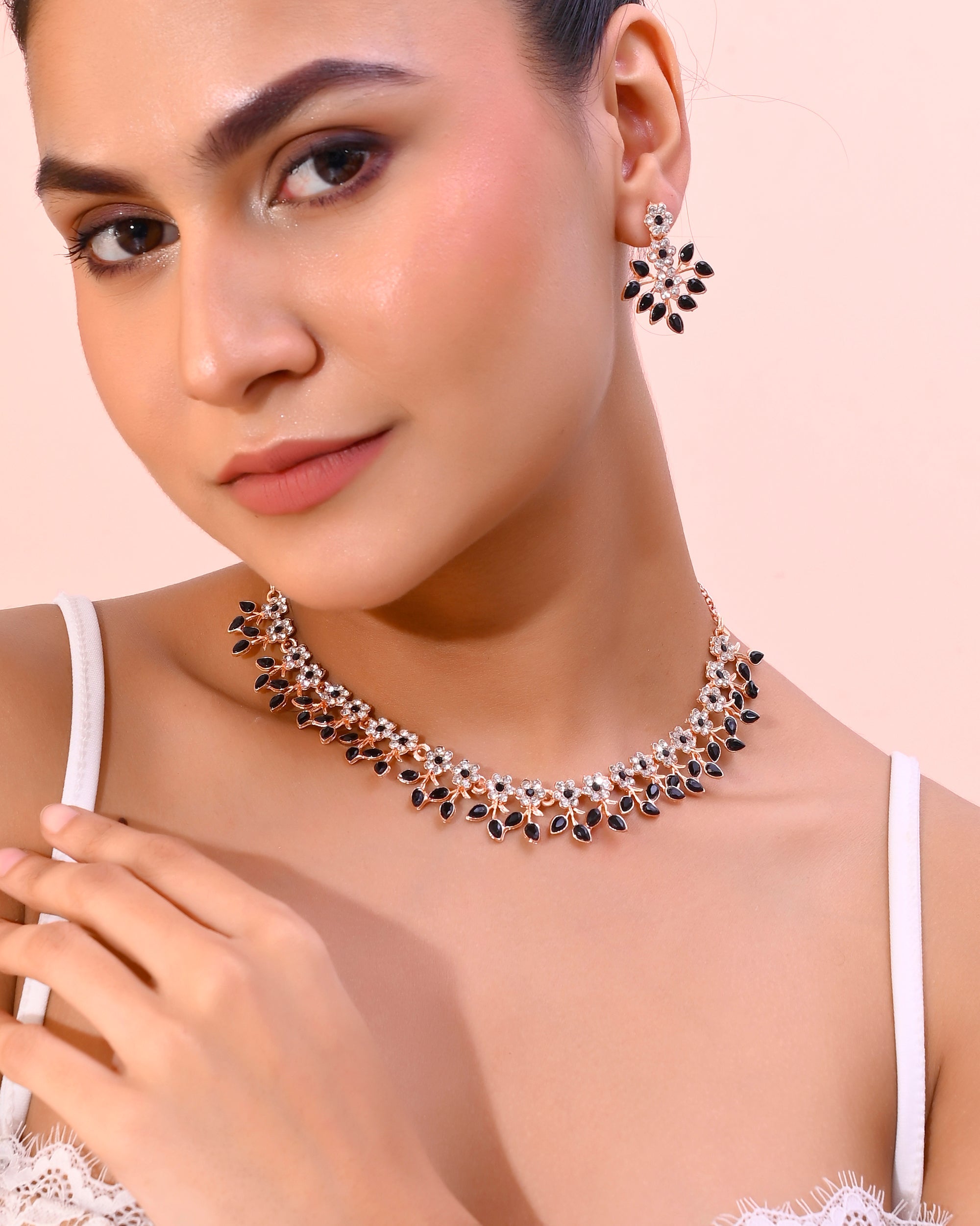 VOJ Gold-Polished Black & White Stone Studded Jewellery Set