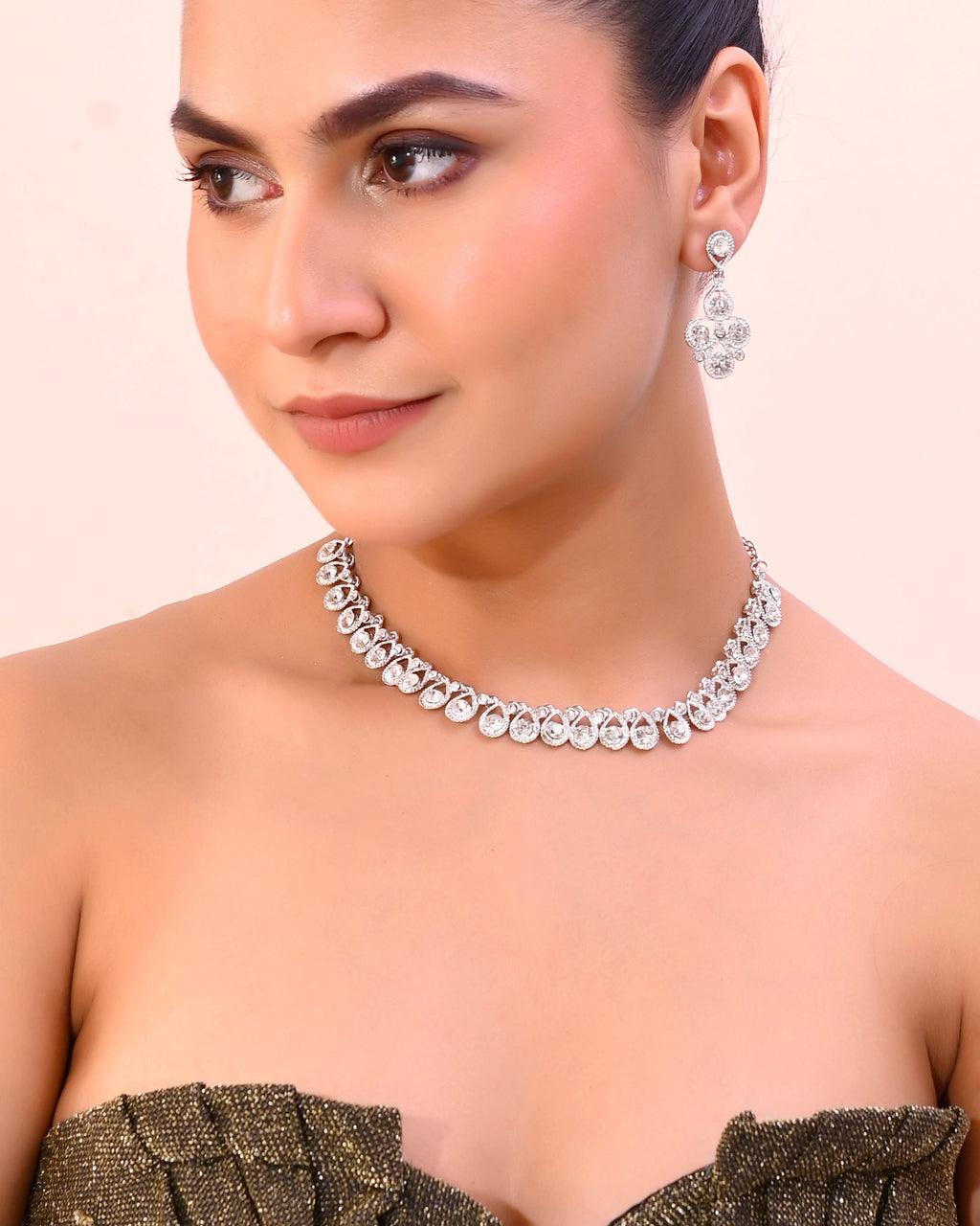 VOJ AD Stone Studded Silver Plated Necklace and Earrings Set
