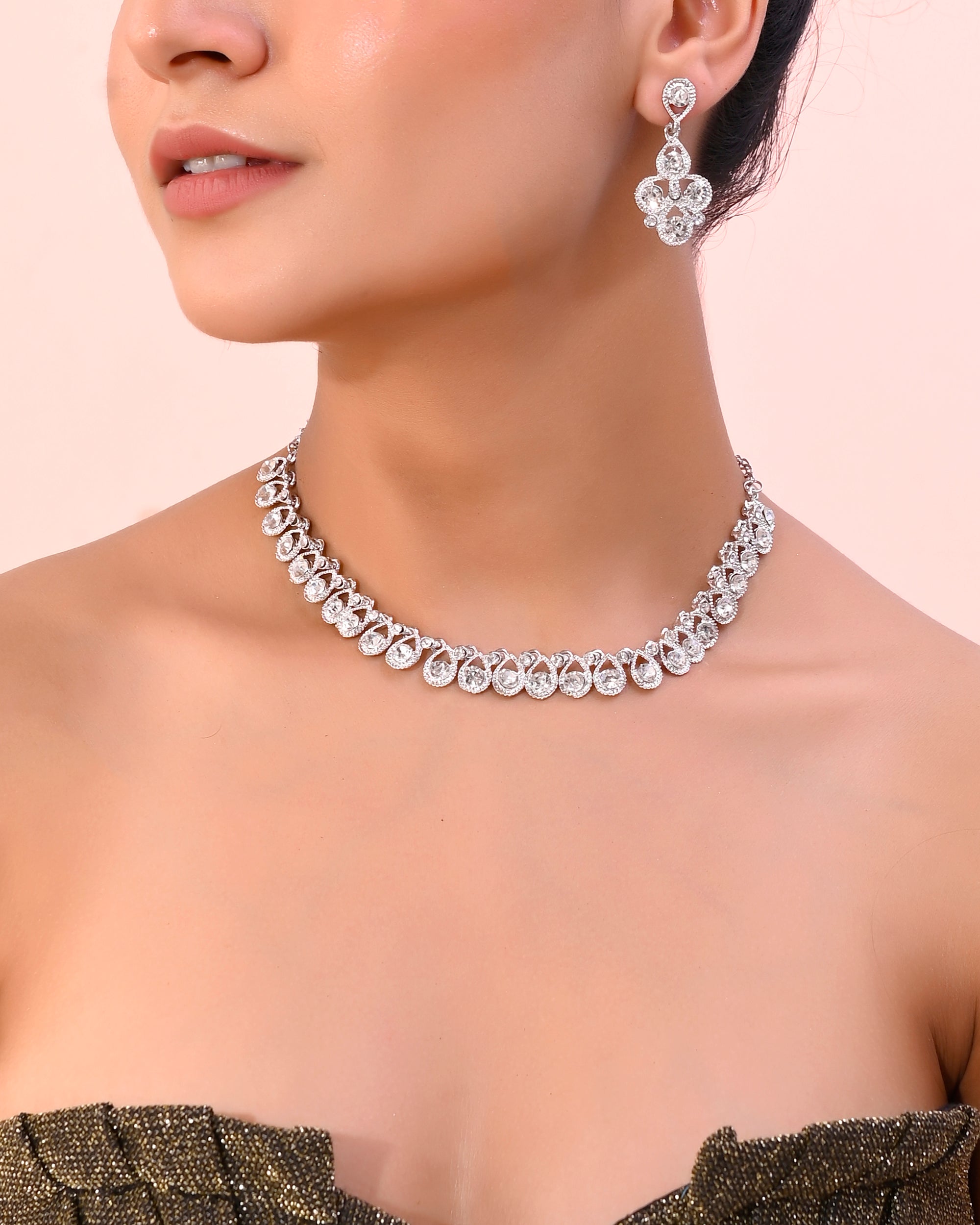 VOJ AD Stone Studded Silver Plated Necklace and Earrings Set