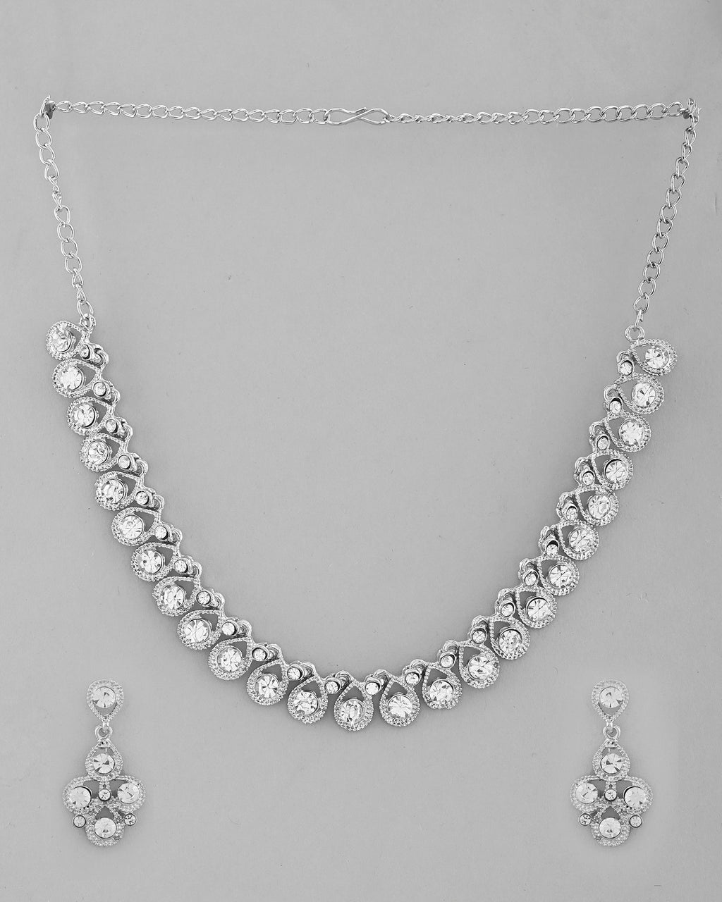 VOJ AD Stone Studded Silver Plated Necklace and Earrings Set
