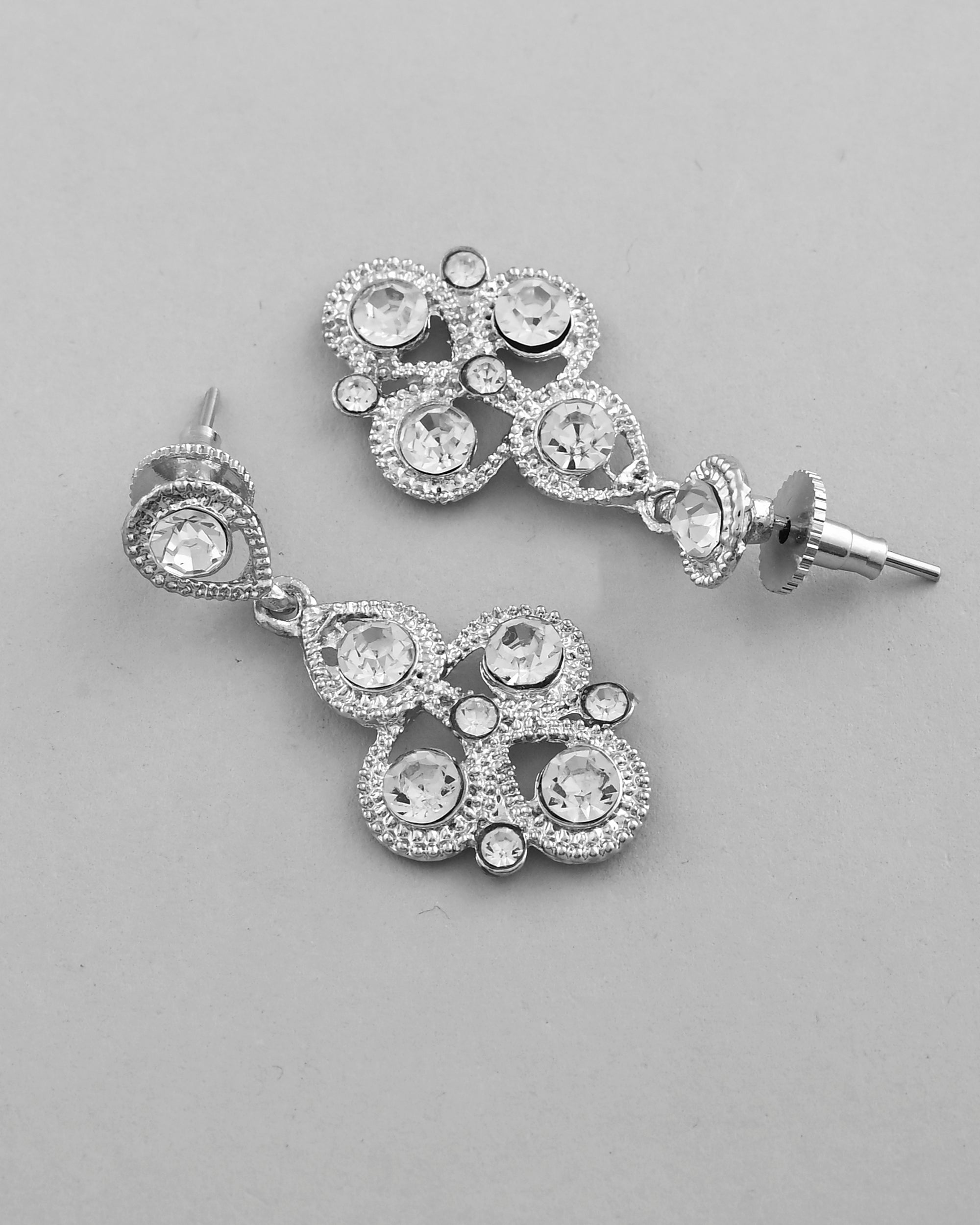 VOJ AD Stone Studded Silver Plated Necklace and Earrings Set