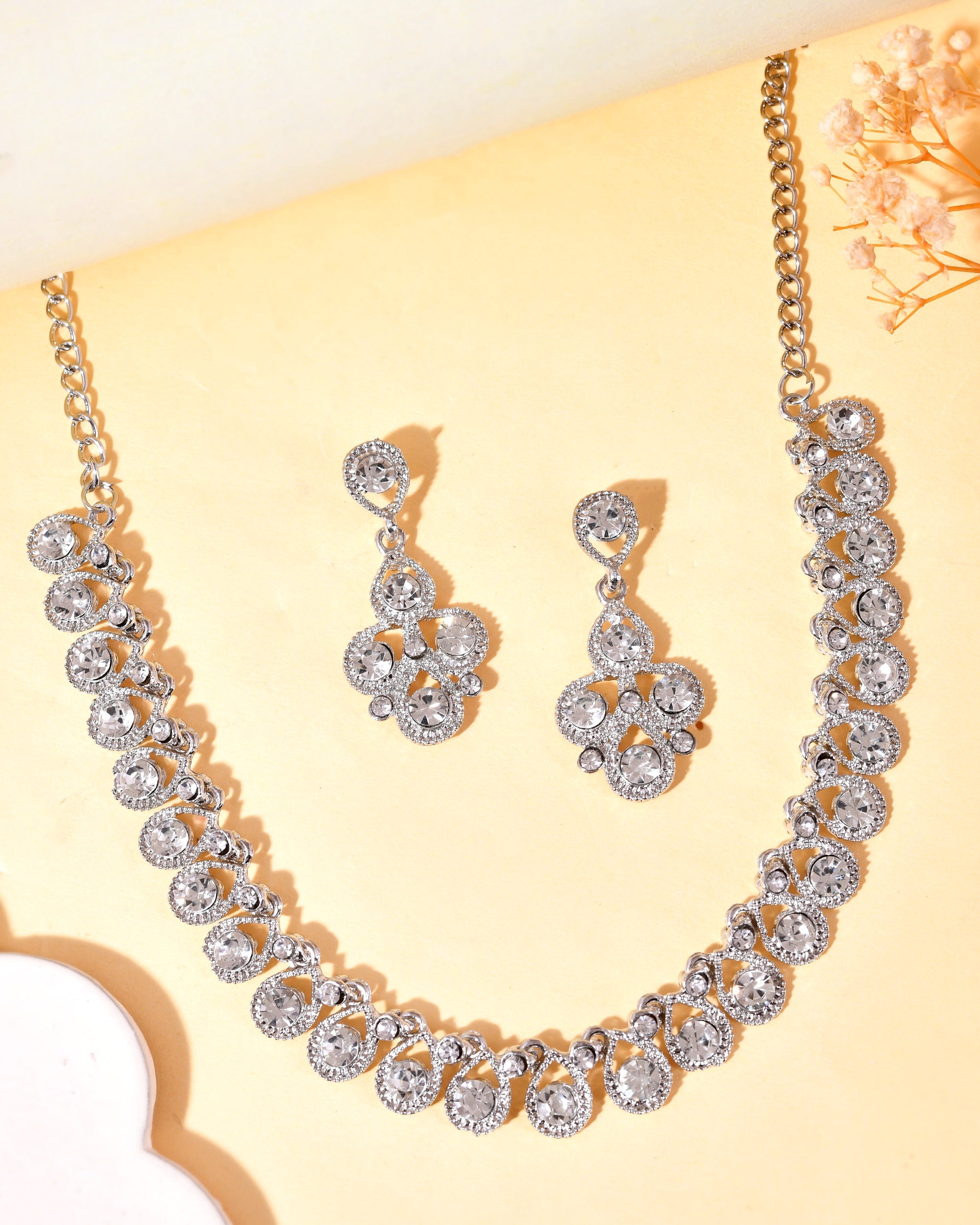 VOJ AD Stone Studded Silver Plated Necklace and Earrings Set