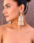VOJ Gold-Polished Handcrafted Pearls Beaded ChandBali Earrings with Kan Chain