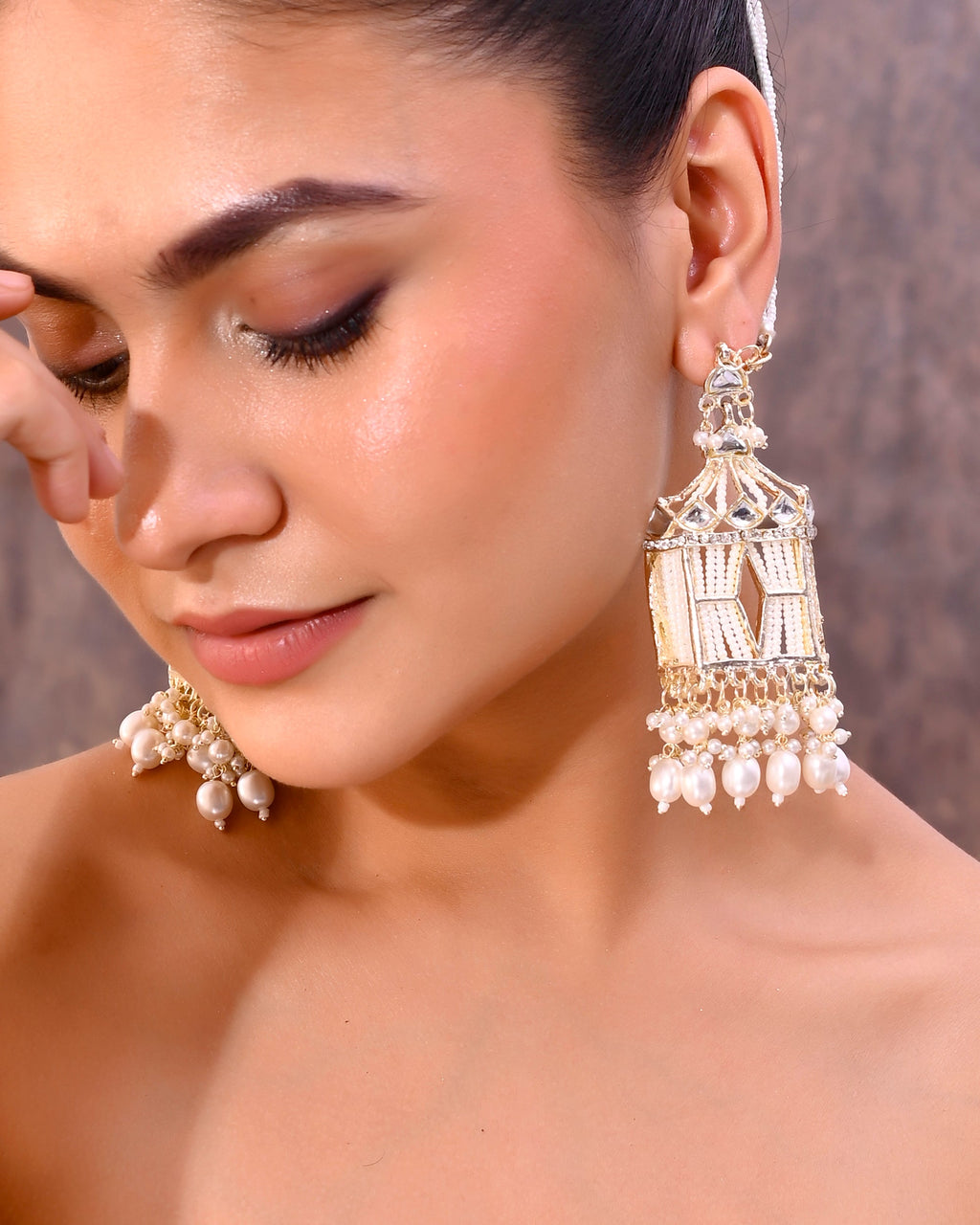 VOJ Gold-Polished Handcrafted Pearls Beaded ChandBali Earrings with Kan Chain