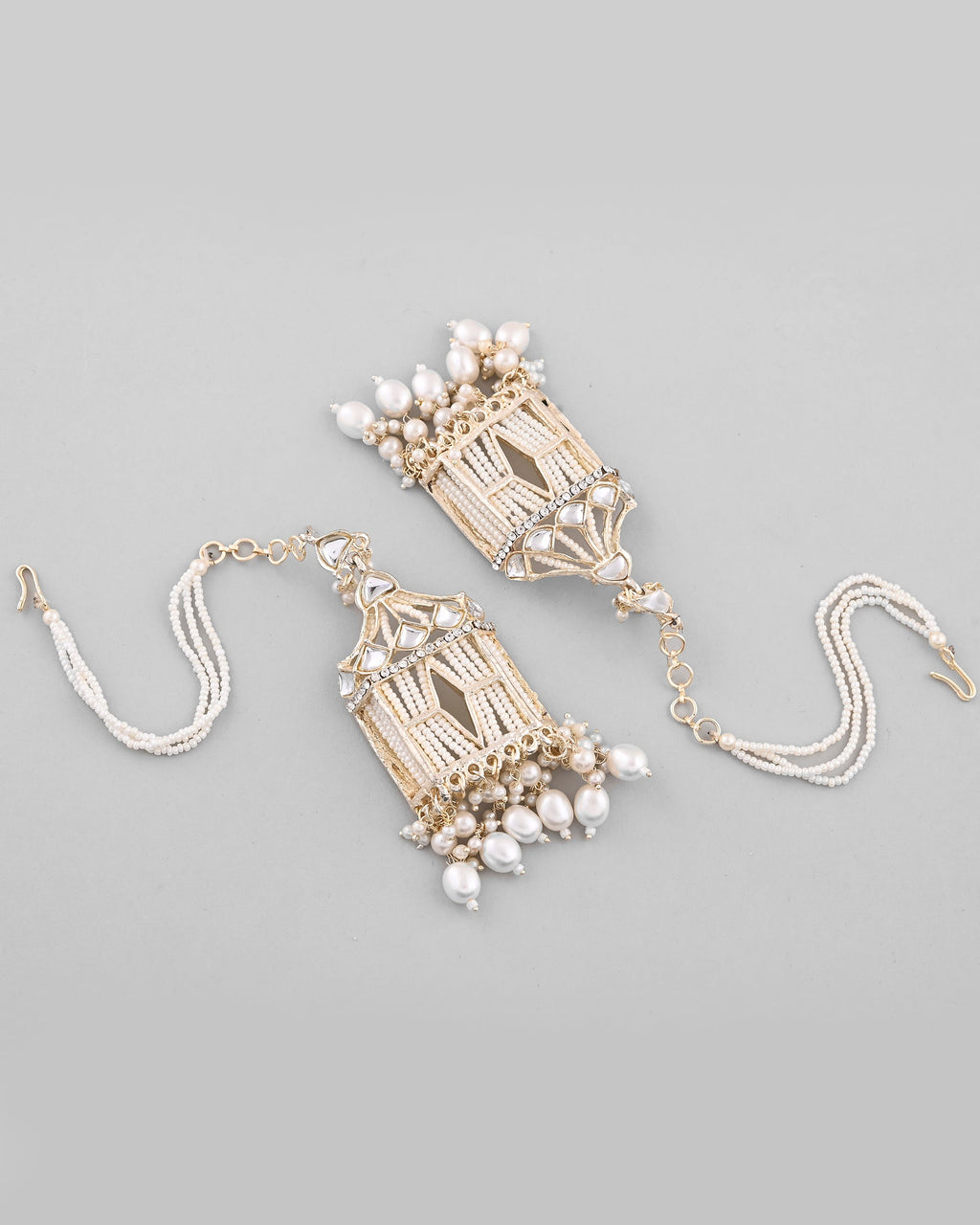 VOJ Gold-Polished Handcrafted Pearls Beaded ChandBali Earrings with Kan Chain