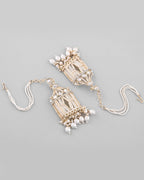 VOJ Gold-Polished Handcrafted Pearls Beaded ChandBali Earrings with Kan Chain