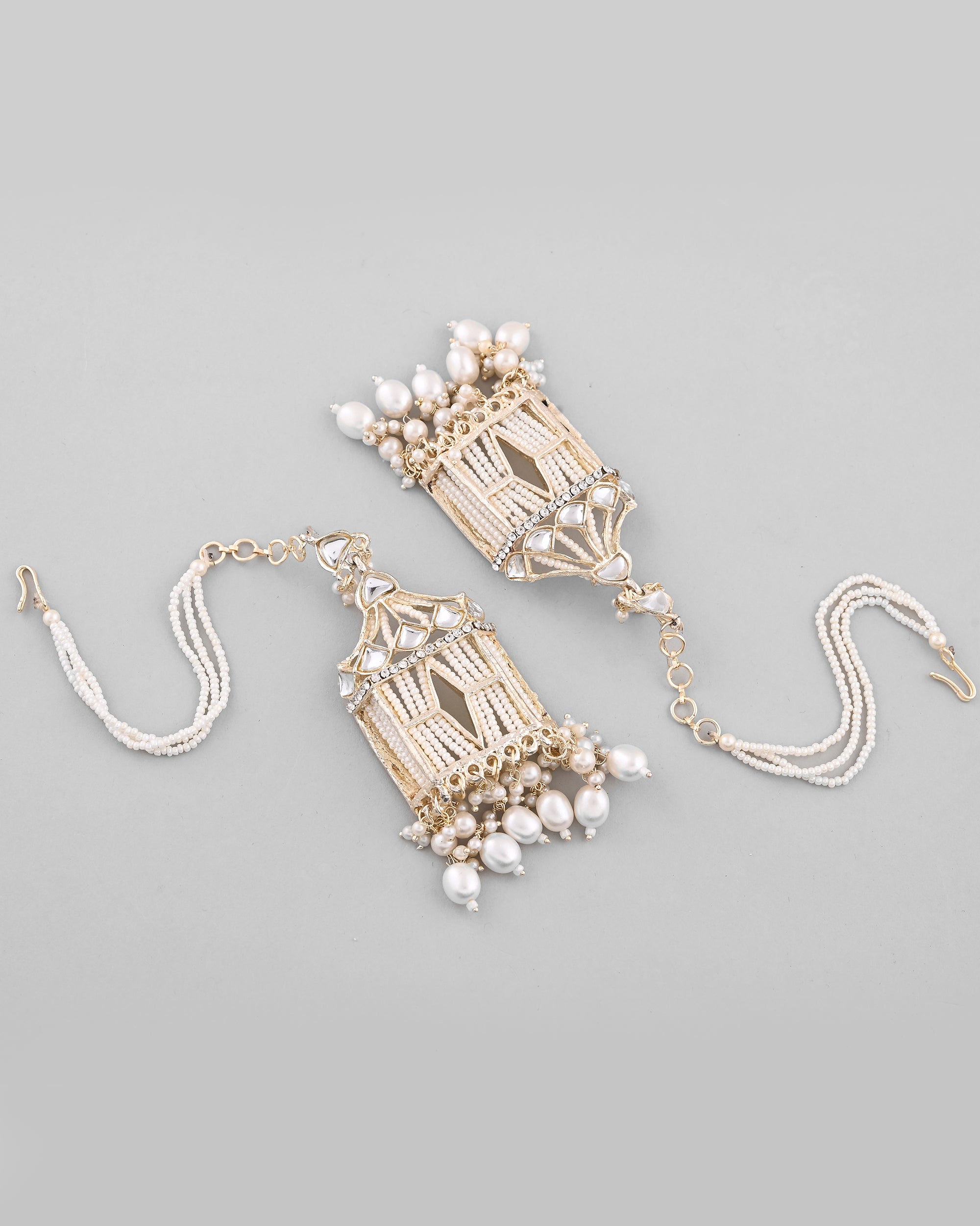 VOJ Gold-Polished Handcrafted Pearls Beaded ChandBali Earrings with Kan Chain