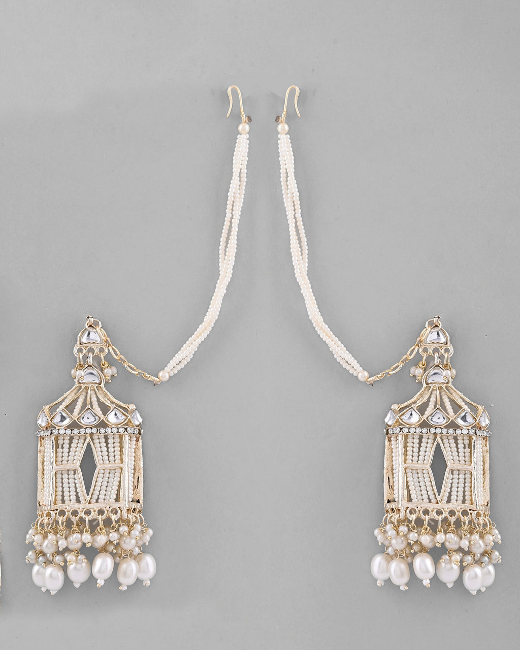 VOJ Gold-Polished Handcrafted Pearls Beaded ChandBali Earrings with Kan Chain