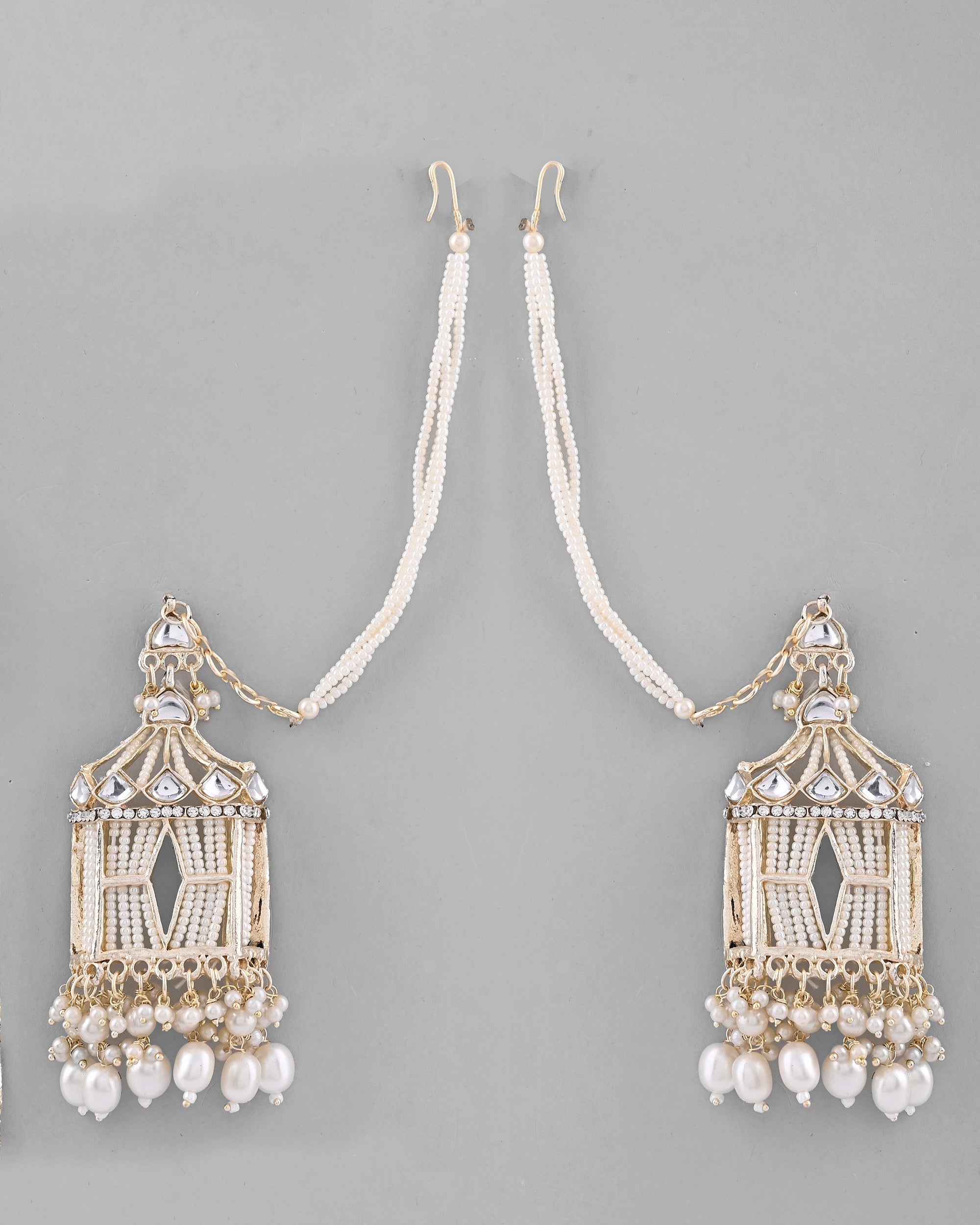 VOJ Gold-Polished Handcrafted Pearls Beaded ChandBali Earrings with Kan Chain