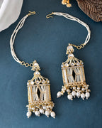 VOJ Gold-Polished Handcrafted Pearls Beaded ChandBali Earrings with Kan Chain