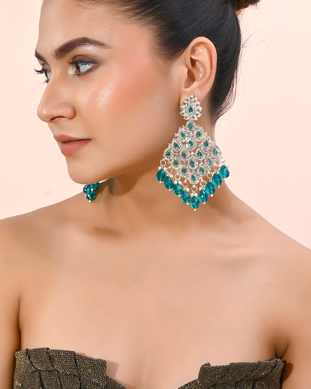 VOJ Traditional Gold-Polished Green & White AD Stone Statement Earrings - Distacart