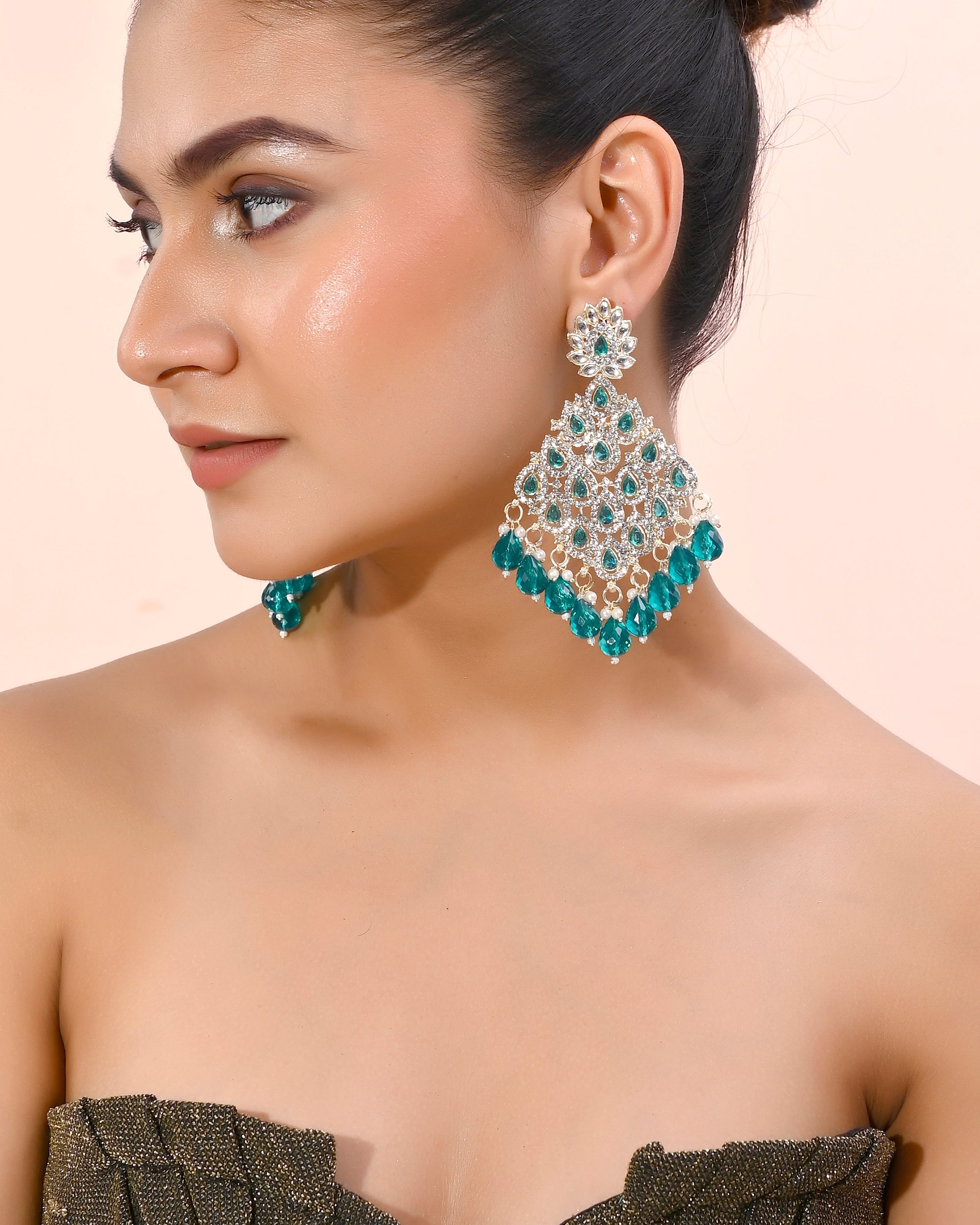 VOJ Traditional Gold-Polished Green & White AD Stone Statement Earrings - Distacart
