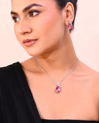 VOJ Silver Plated Chan with Pink and White AD stone Studded Pendant and Earrings Set