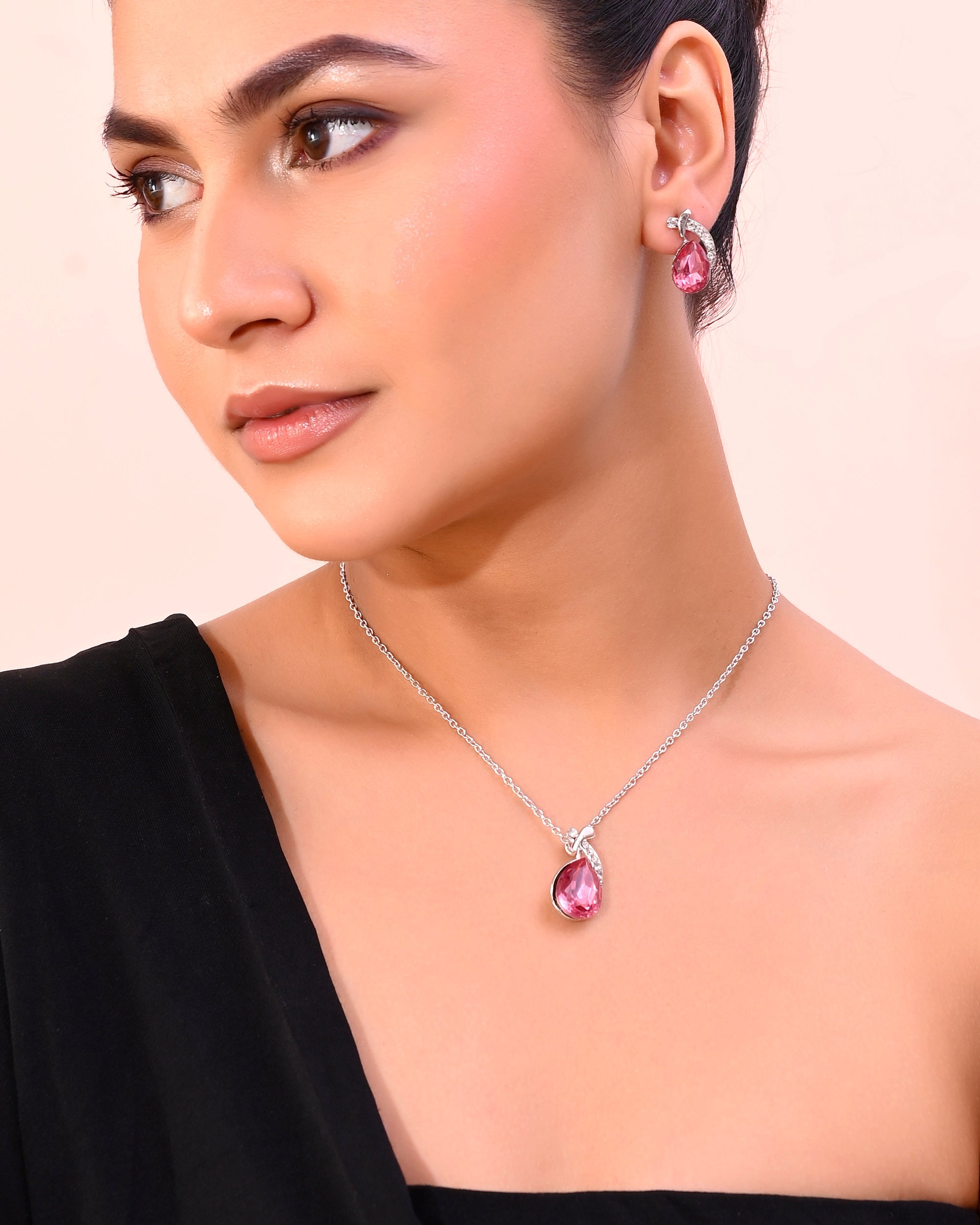 VOJ Silver Plated Chan with Pink and White AD stone Studded Pendant and Earrings Set
