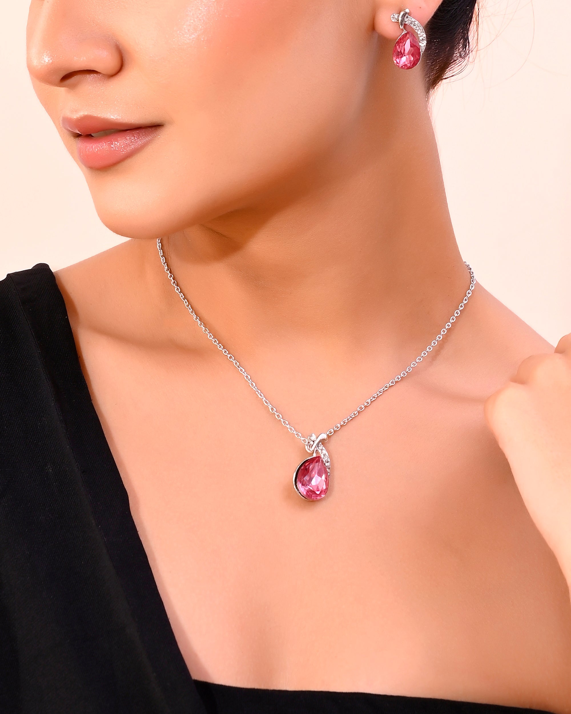 VOJ Silver Plated Chan with Pink and White AD stone Studded Pendant and Earrings Set