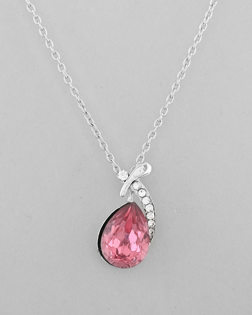 VOJ Silver Plated Chan with Pink and White AD stone Studded Pendant and Earrings Set