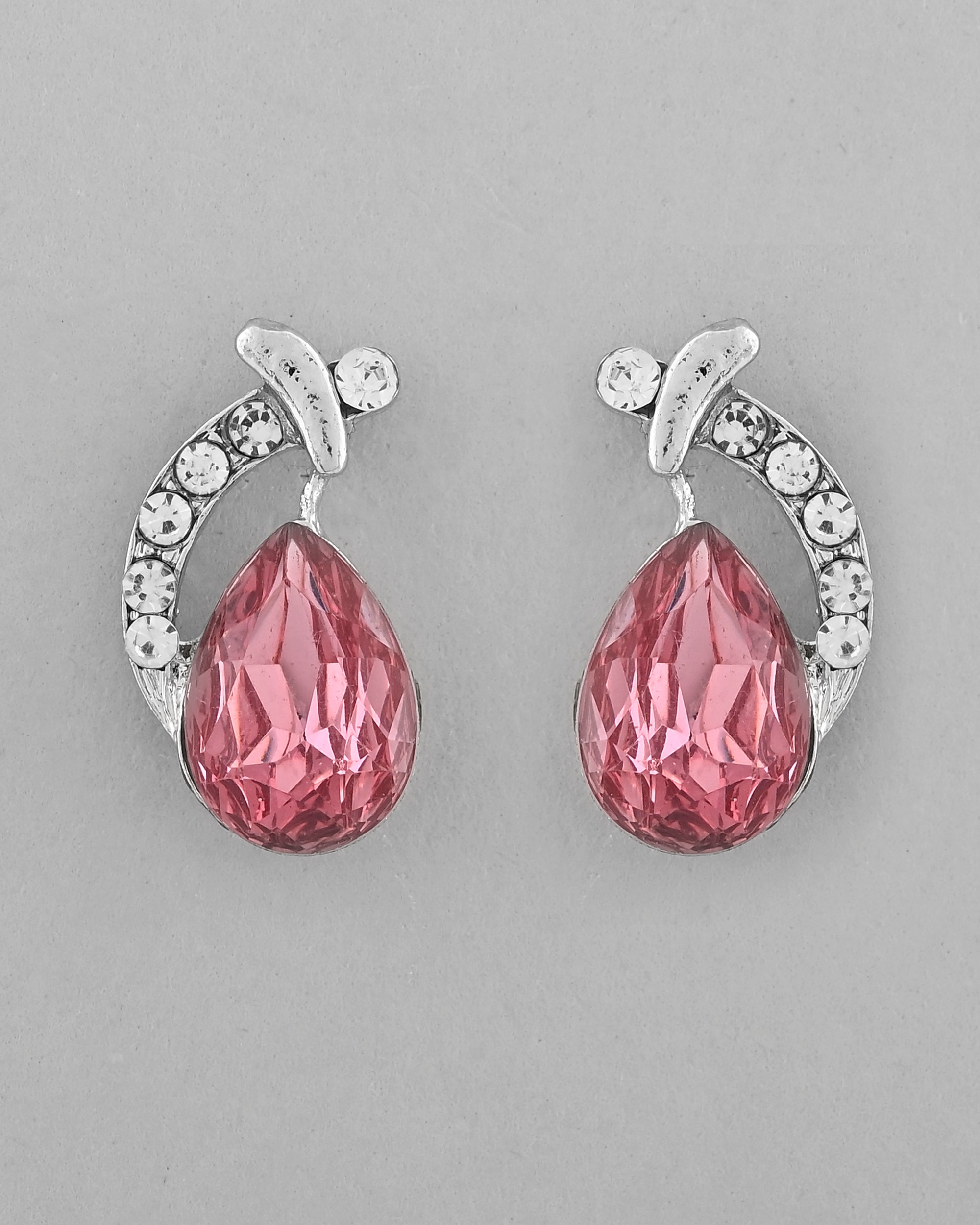 VOJ Silver Plated Chan with Pink and White AD stone Studded Pendant and Earrings Set