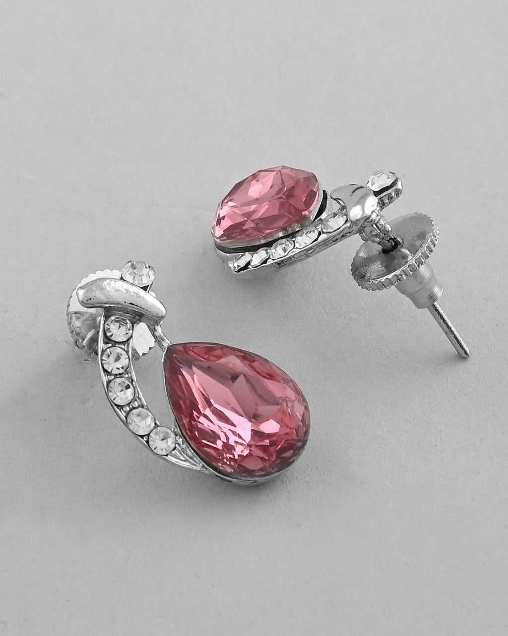 VOJ Silver Plated Chan with Pink and White AD stone Studded Pendant and Earrings Set