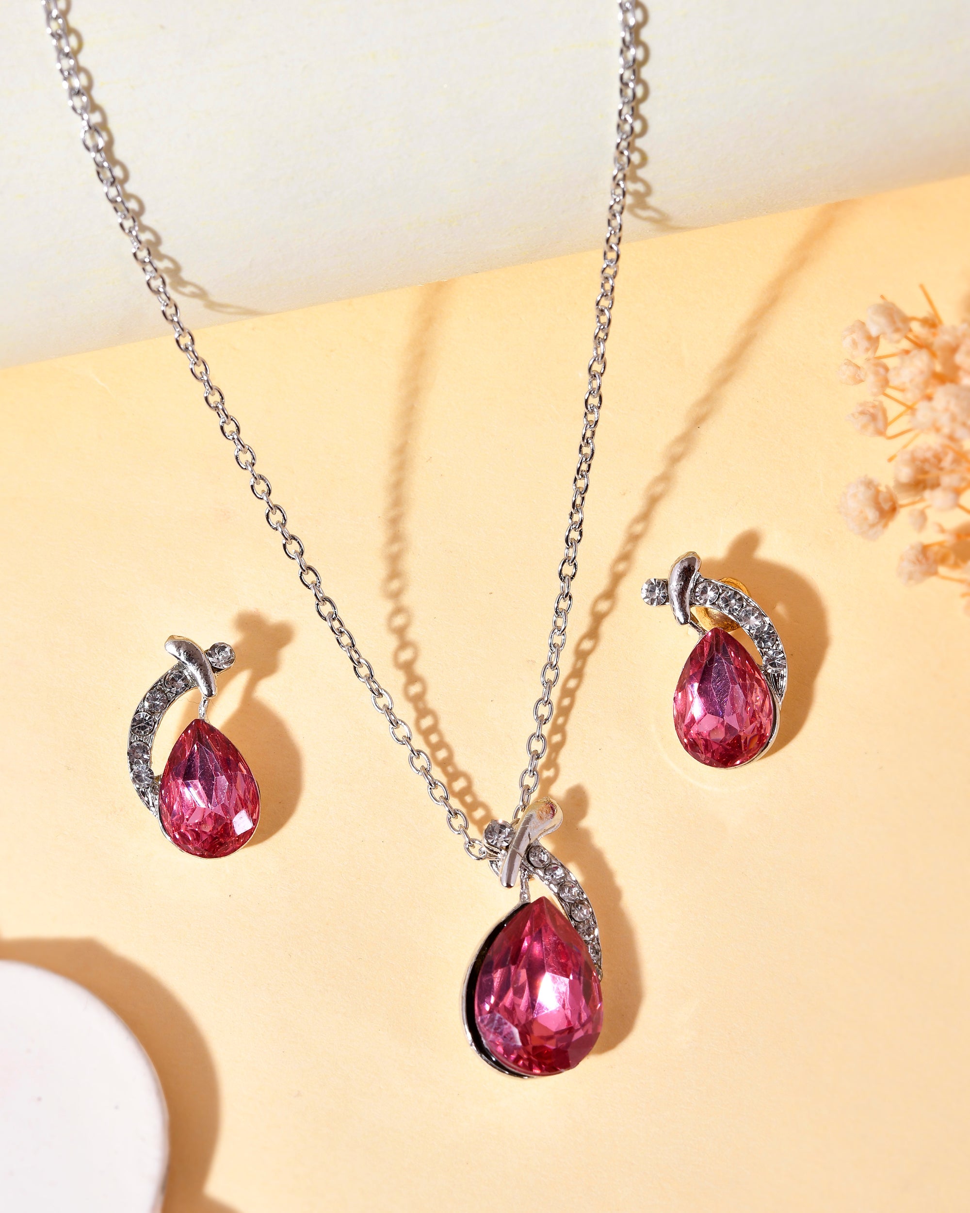 VOJ Silver Plated Chan with Pink and White AD stone Studded Pendant and Earrings Set