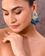 VOJ Silver Plated Kundan Earrings with Teal colour Pearls - Distacart