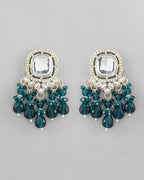 VOJ Silver Plated Kundan Earrings with Teal colour Pearls - Distacart