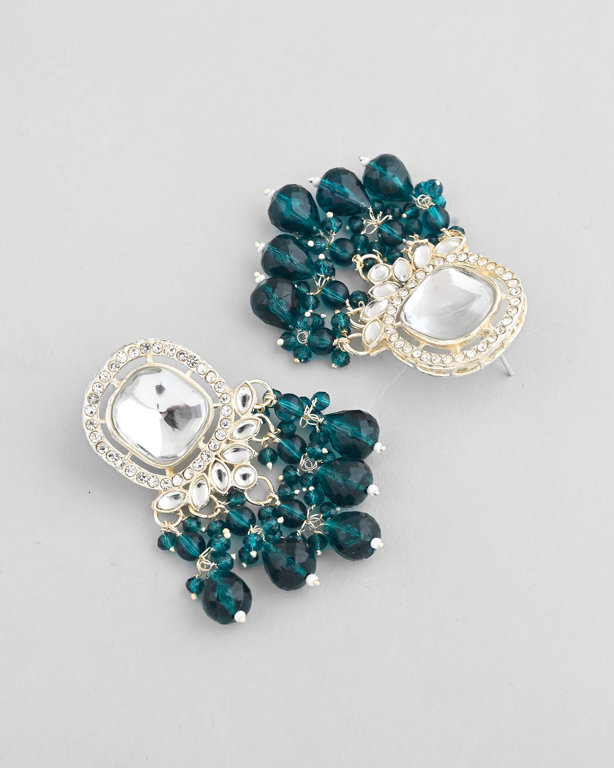 VOJ Silver Plated Kundan Earrings with Teal colour Pearls - Distacart
