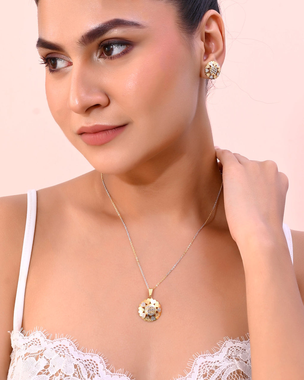 VOJ White and Yellow Gold-Polished Chain With Flower shaped Pandent And Flower shaped Earrings