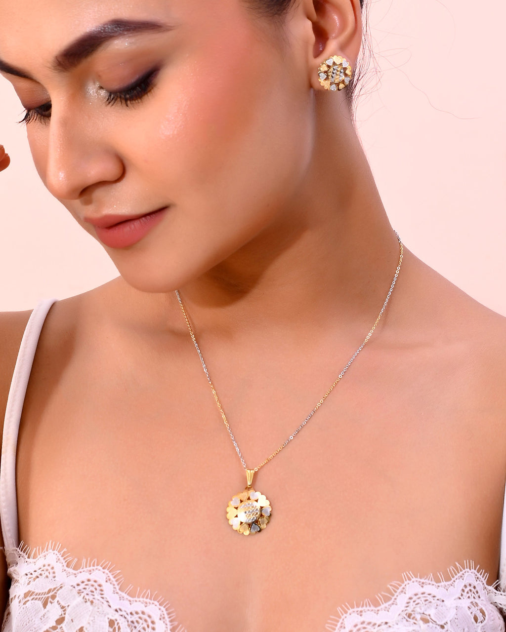 VOJ White and Yellow Gold-Polished Chain With Flower shaped Pandent And Flower shaped Earrings
