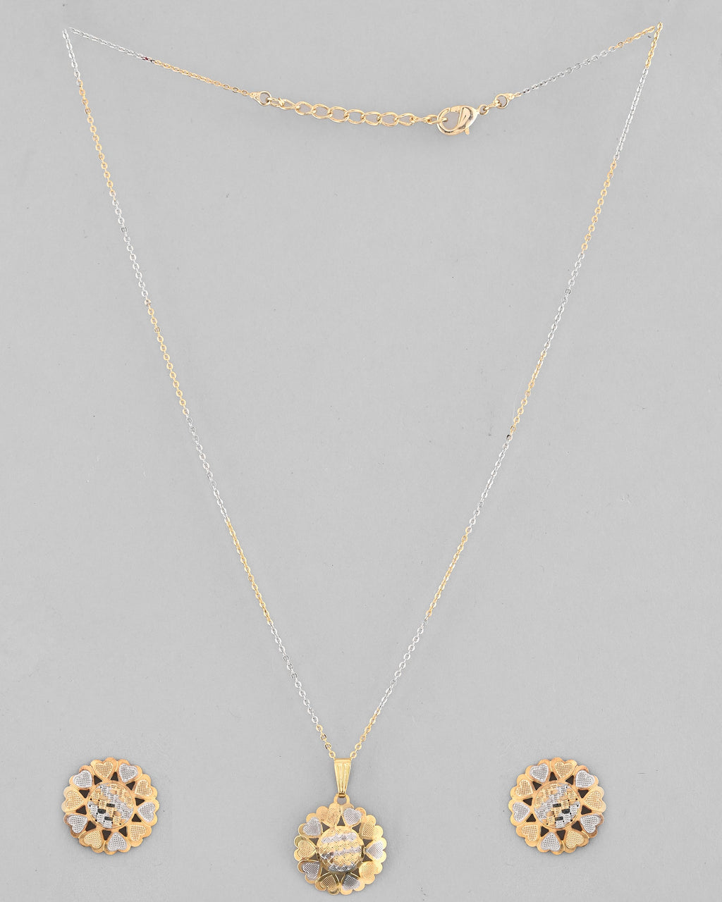 VOJ White and Yellow Gold-Polished Chain With Flower shaped Pandent And Flower shaped Earrings