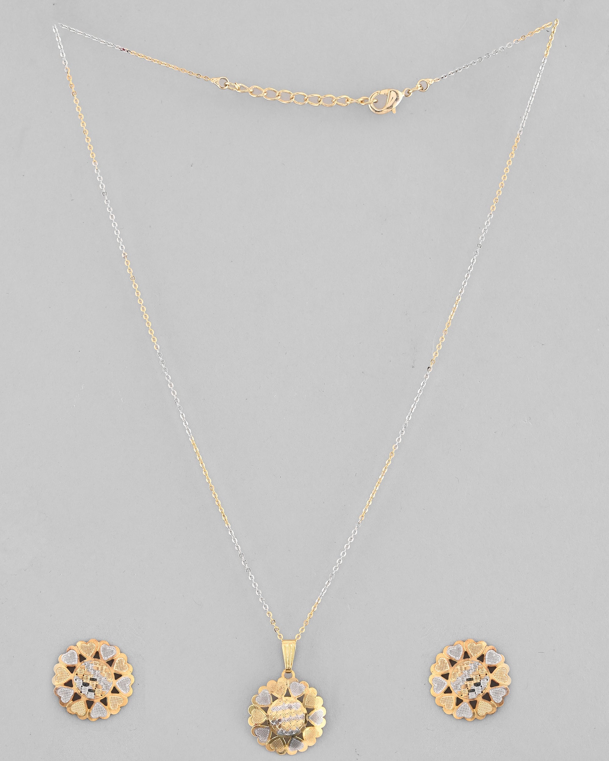 VOJ White and Yellow Gold-Polished Chain With Flower shaped Pandent And Flower shaped Earrings