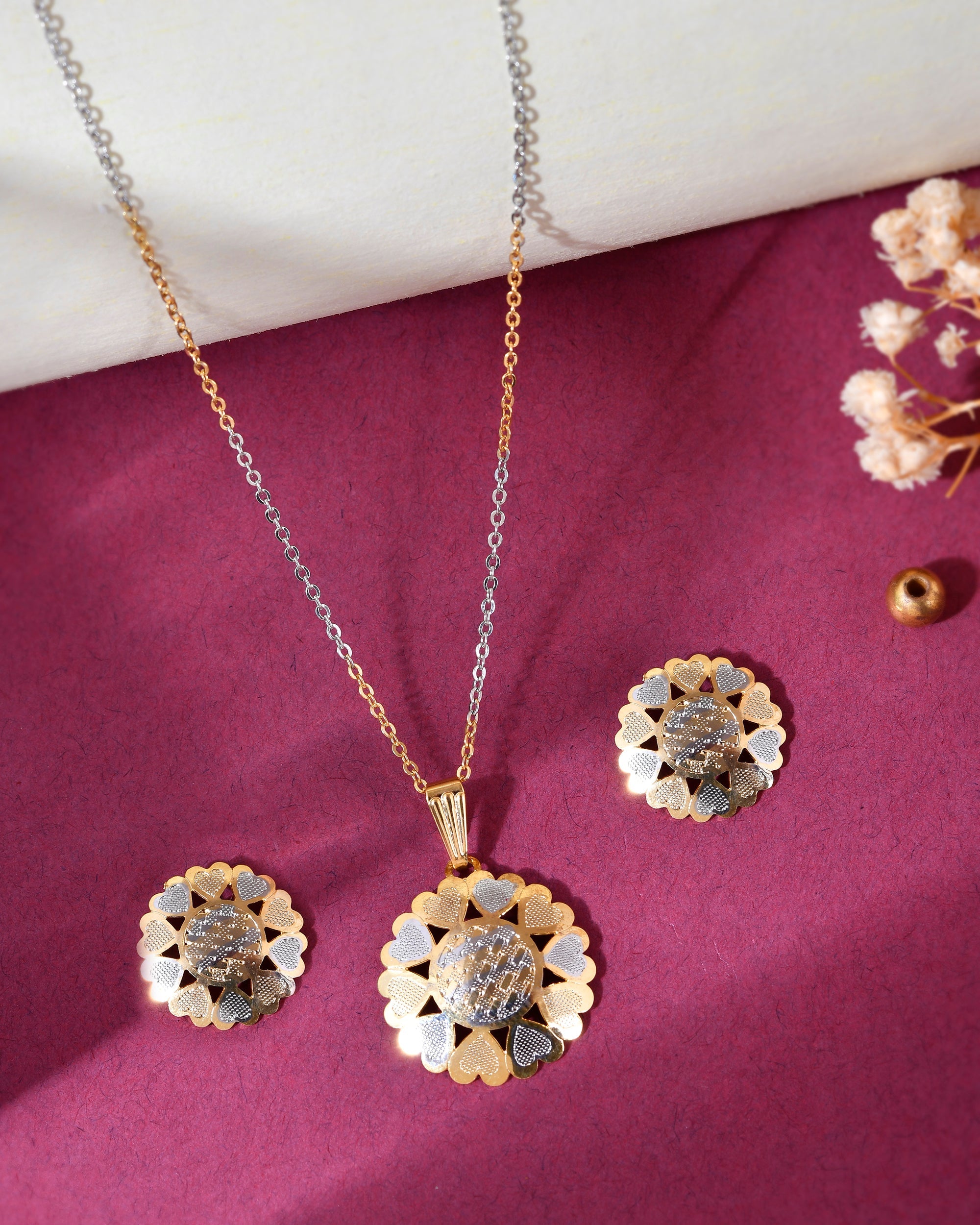 VOJ White and Yellow Gold-Polished Chain With Flower shaped Pandent And Flower shaped Earrings