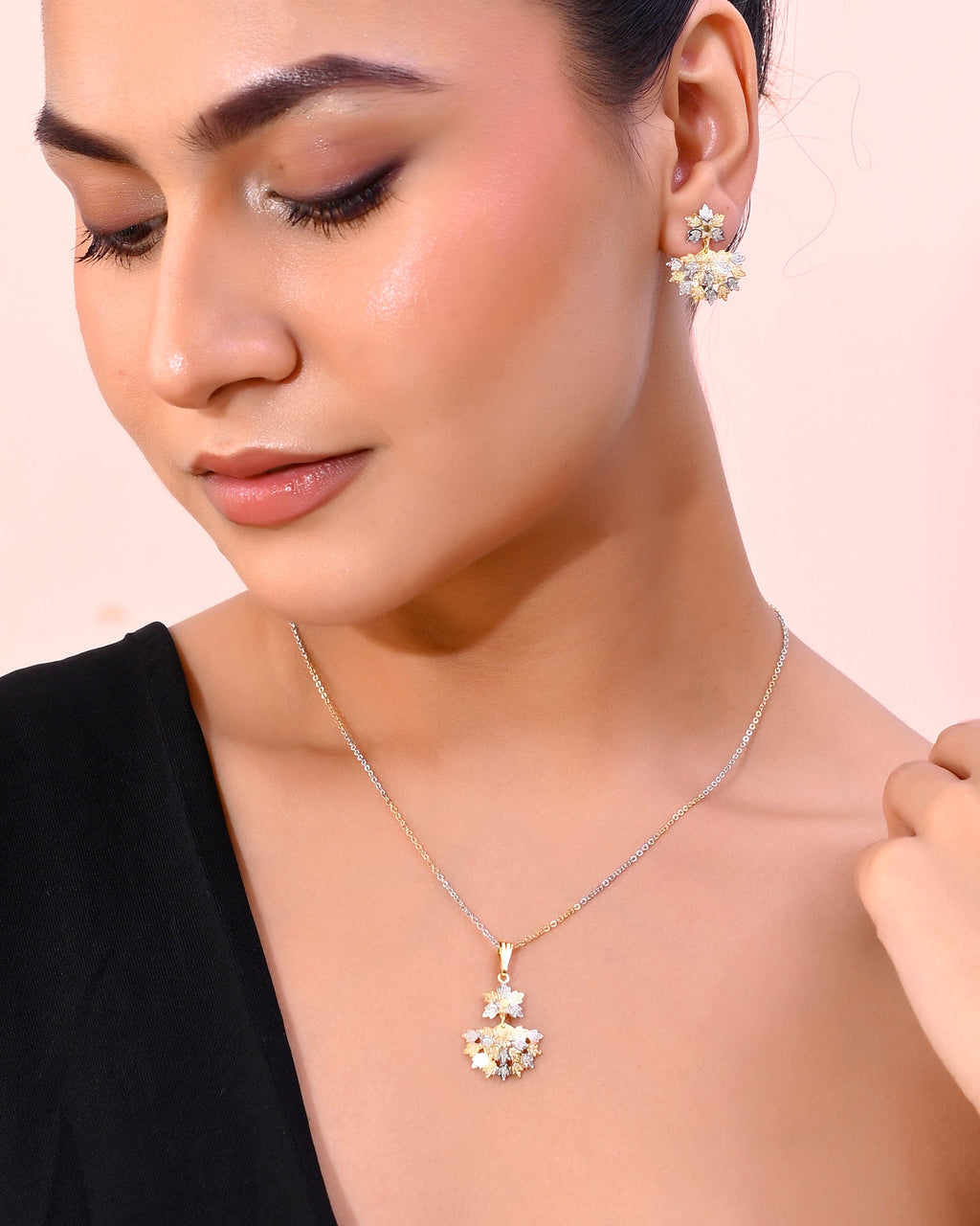 VOJ White and Yellow Gold-Polished Chain With Leaf shaped Pandent And Leaf shaped Earrings