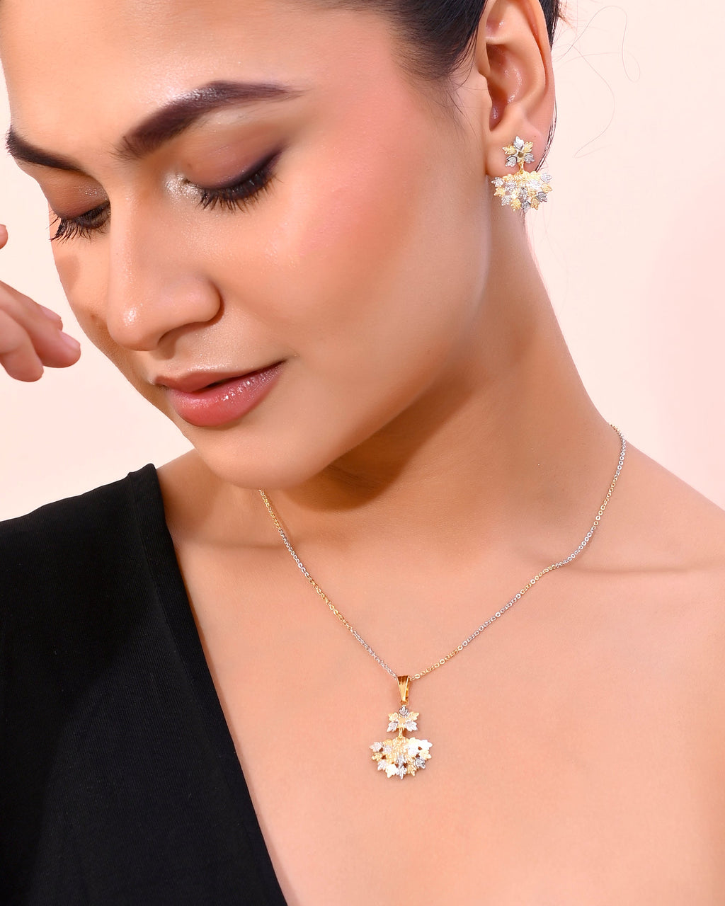 VOJ White and Yellow Gold-Polished Chain With Leaf shaped Pandent And Leaf shaped Earrings
