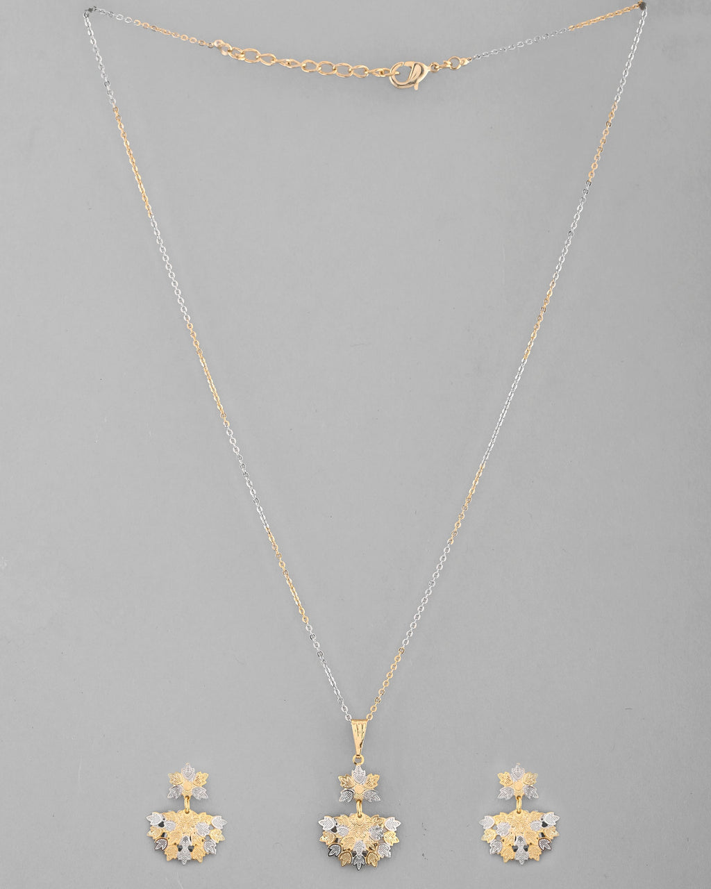 VOJ White and Yellow Gold-Polished Chain With Leaf shaped Pandent And Leaf shaped Earrings