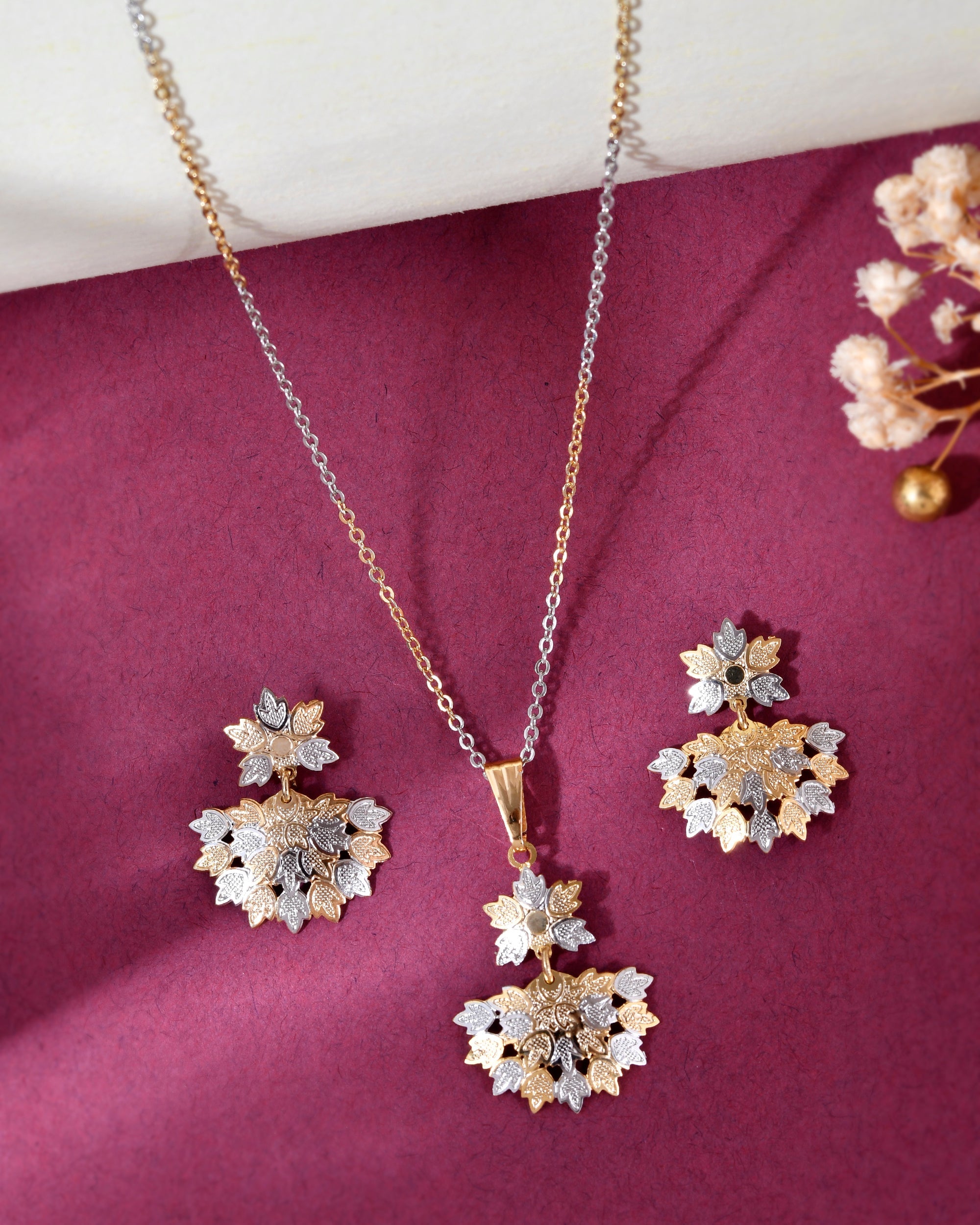 VOJ White and Yellow Gold-Polished Chain With Leaf shaped Pandent And Leaf shaped Earrings