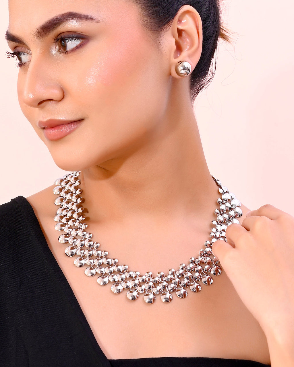 VOJ Silver Plated Long Necklace With Earrings Set