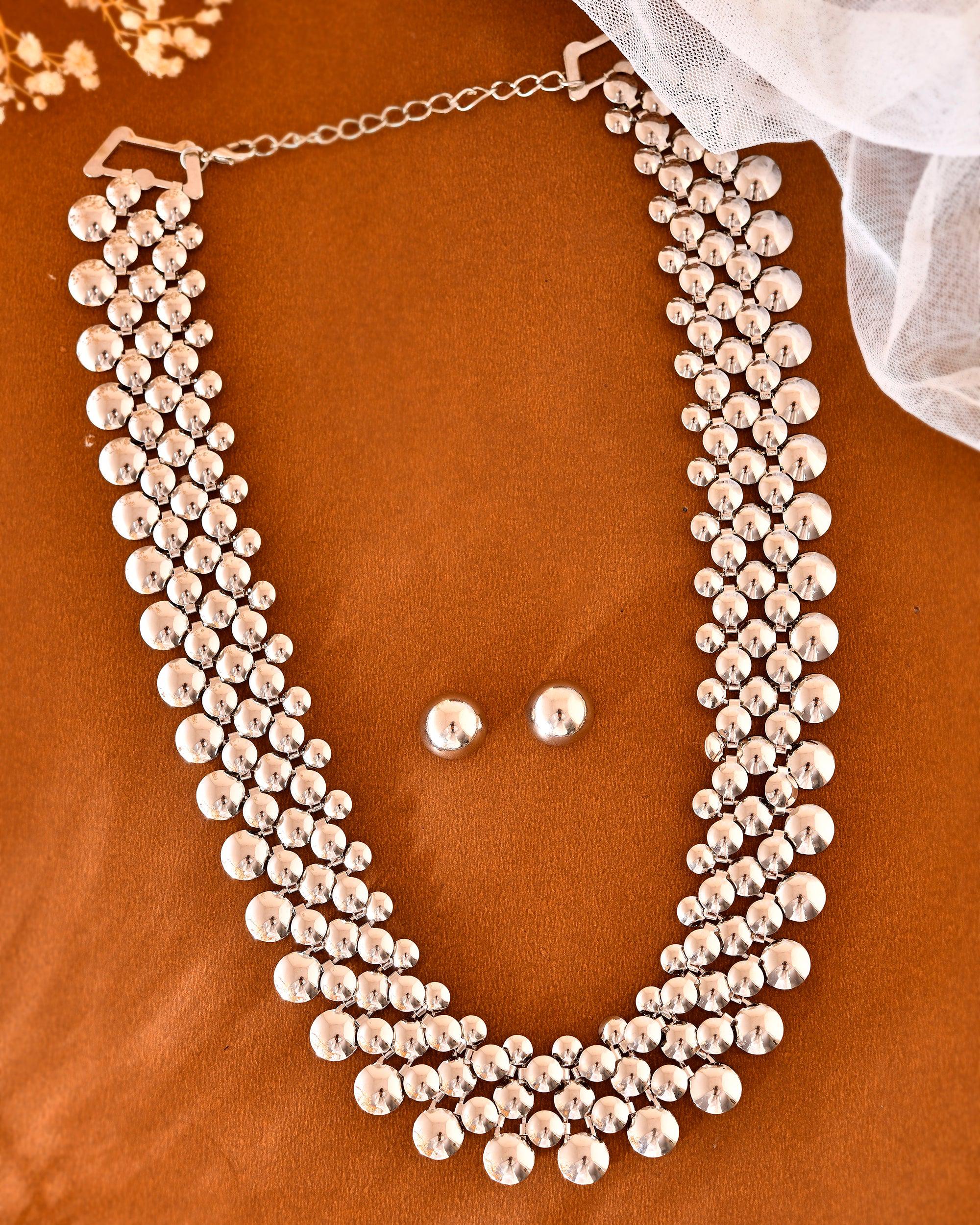 VOJ Silver Plated Long Necklace With Earrings Set