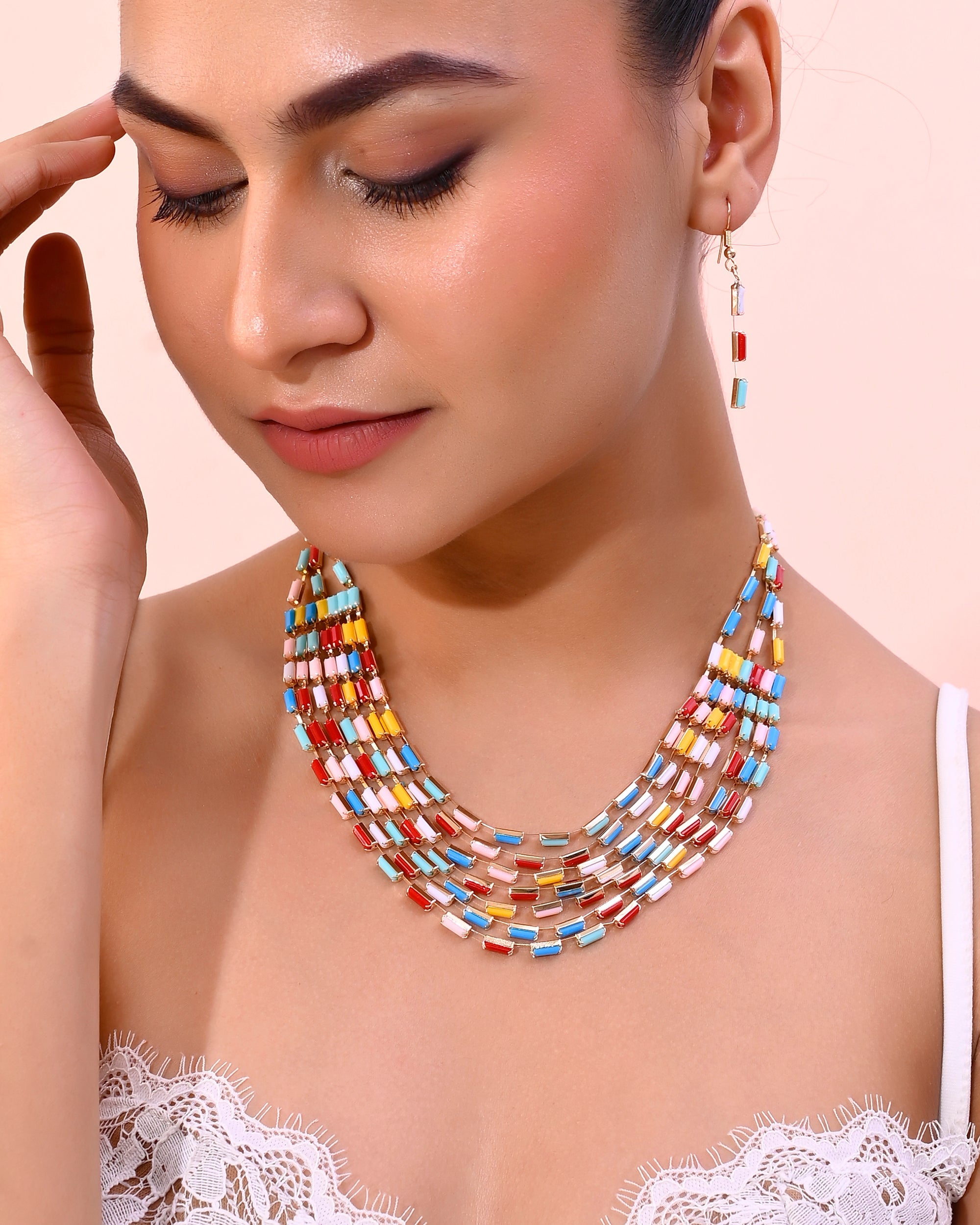 VOJ Multi Coloured Long Necklace With Earrings Set