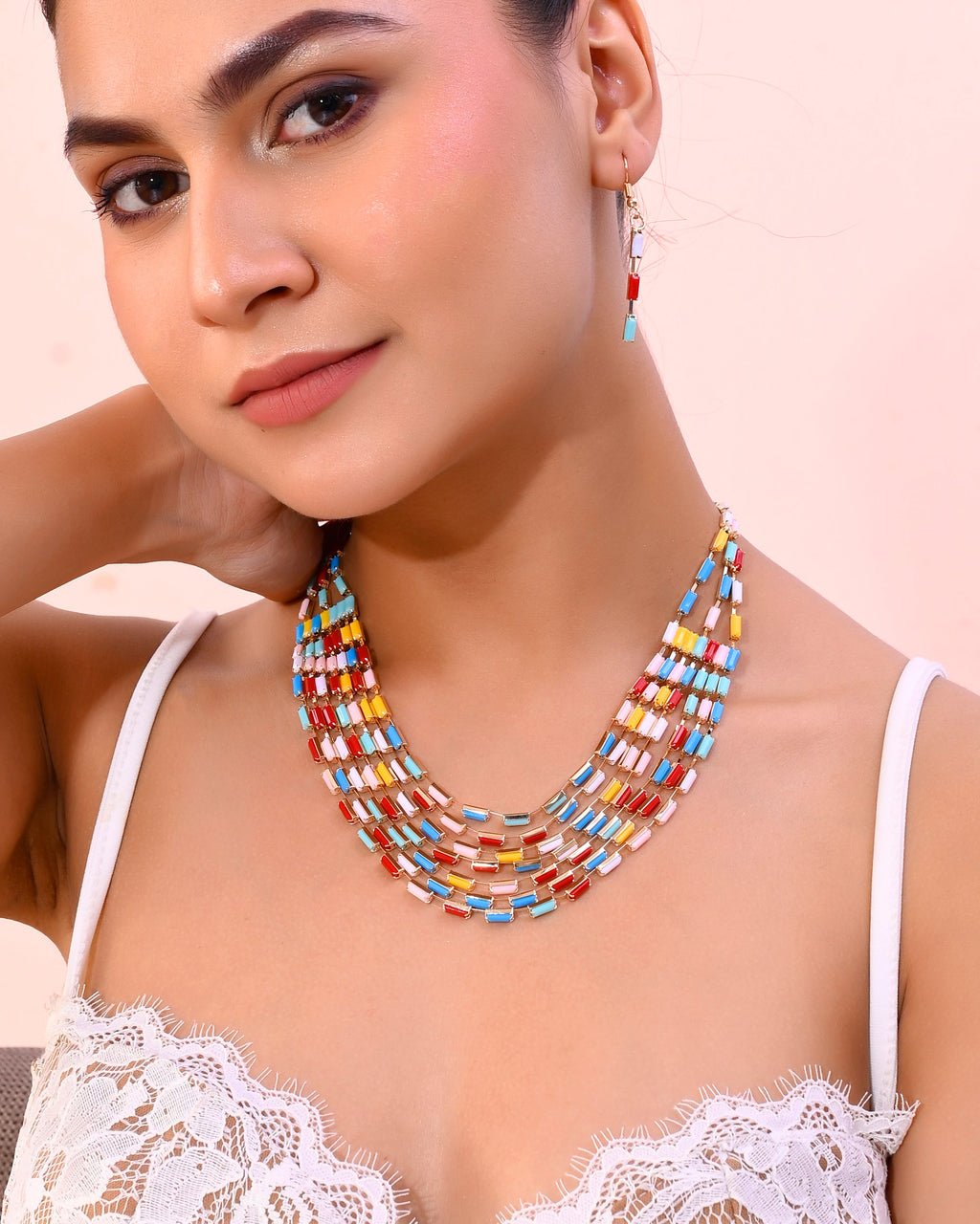 VOJ Multi Coloured Long Necklace With Earrings Set