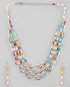 VOJ Multi Coloured Long Necklace With Earrings Set