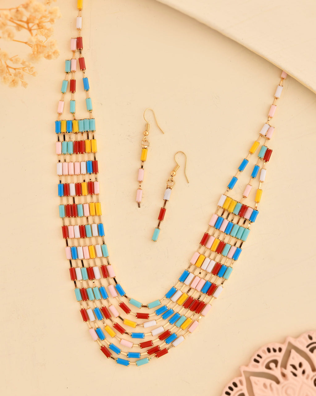 VOJ Multi Coloured Long Necklace With Earrings Set