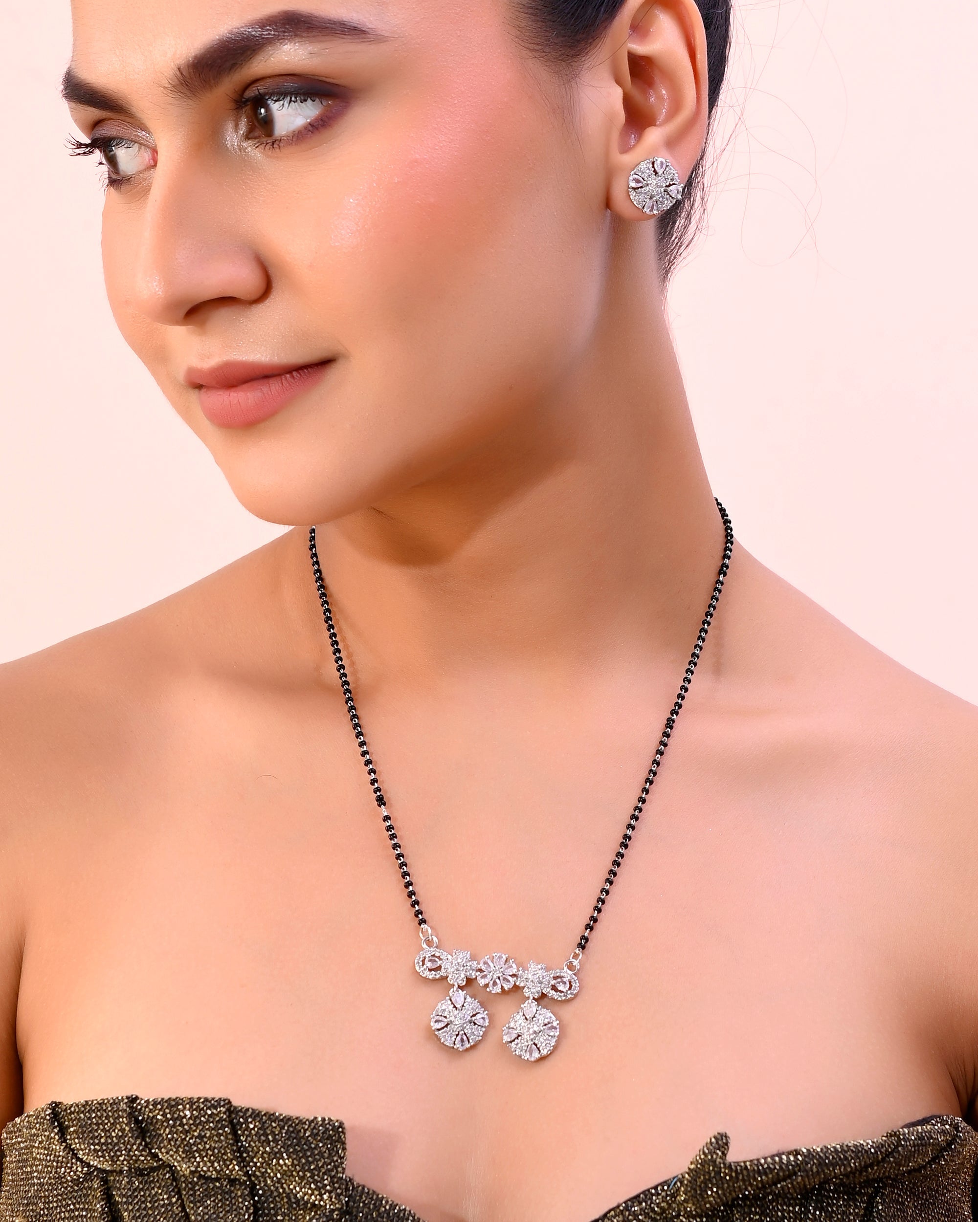 VOJ Silver-Plated Black Beaded & AD Studded Chain Mangalsutra Set - Distacart