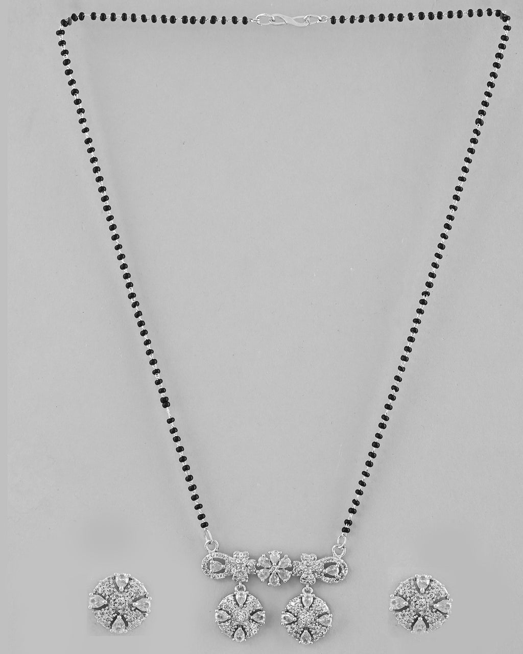 VOJ Silver-Plated Black Beaded & AD Studded Chain Mangalsutra Set - Distacart